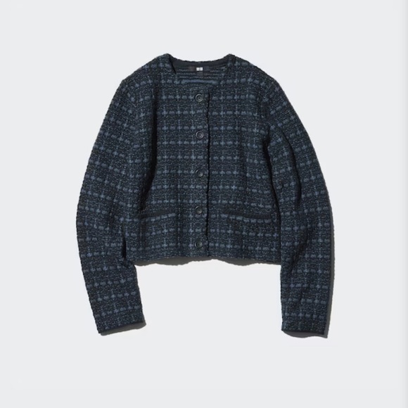Uniqlo Knitted Short Jacket Blue Black Textured Size XL - Picture 2 of 14